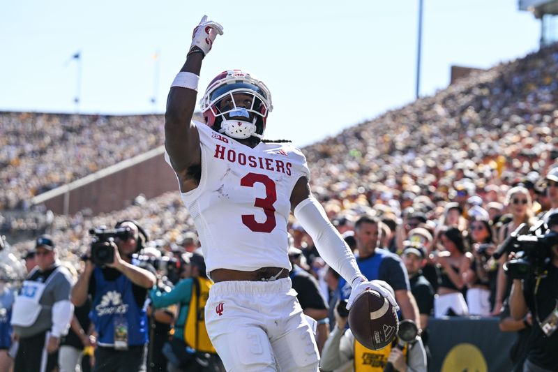 Sep 27, 2025; Iowa City, Iowa, USA; Indiana Hoosiers wide receiver Omar Cooper Jr. (3) reacts after a touchdown reception against the Iowa Hawkeyes during the first quarter at Kinnick Stadium. Mandatory Credit: Jeffrey Becker-Imagn Images