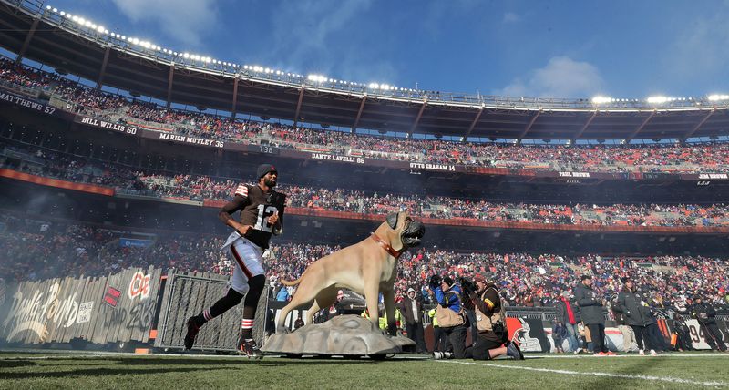Cleveland Browns quarterback Shedeur Sanders (12) takes the field before an NFL football game at Huntington Bank Field, Dec. 21, 2025, in Cleveland, Ohio.