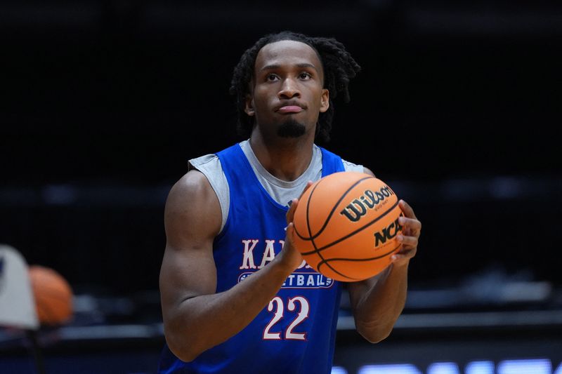 Mar 19, 2026; San Diego, CA, USA; Kansas Jayhawks guard Darryn Peterson (22) during a practice session ahead of the first round of the men's 2026 NCAA Tournament at Viejas Arena.