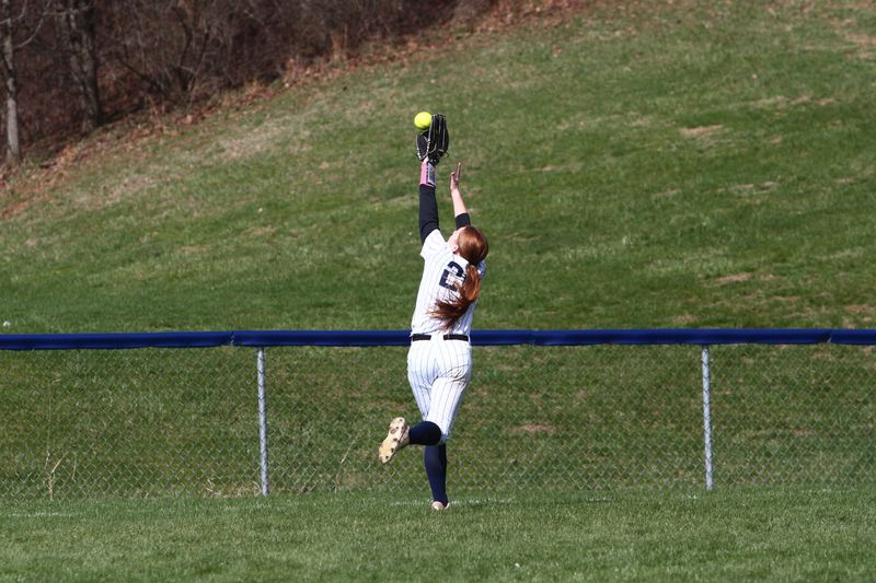 Granville's Jillian Brownfield runs down a line drive in left field during the Blue Aces' 10-0 victory against visiting Bishop Ready on March 21, 2026.