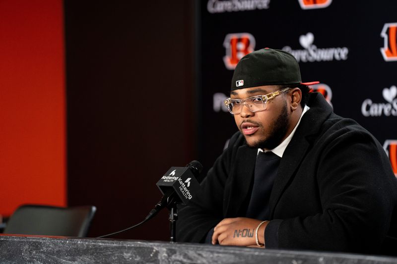 Bengals left tackle Orlando Brown Jr. speaks to the media during a press conference at Paycor Stadium in Cincinnati on Thursday, March 12, 2026.