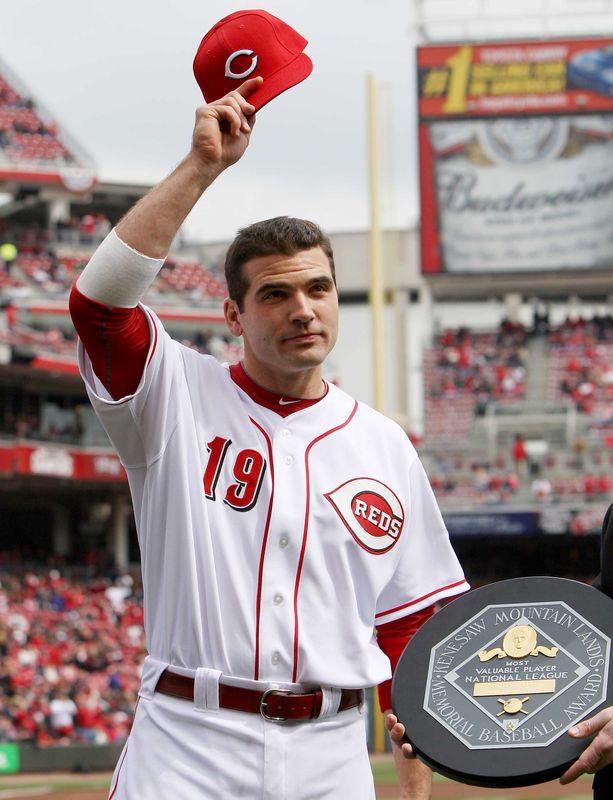Joey Votto, 2010 NL MVP, said after losing to the Giants in Game 5 of the NLDS, ?I?m really proud to call myself a Cincinnati Red seeing (fans?) support.? File
Joey Votto, who was the NL MVP in 2010, could be the next Red to make the Hall of Fame. Enquirer file Thursday, March 31, 2011 : REDS SPORTS : Cincinnati Reds first baseman Joey Votto (19) tips his hat after receiving the National League MVP trophy during a pre game ceremony on Opening Day at Great American Ball Park. The Enquirer/Joseph Fuqua II