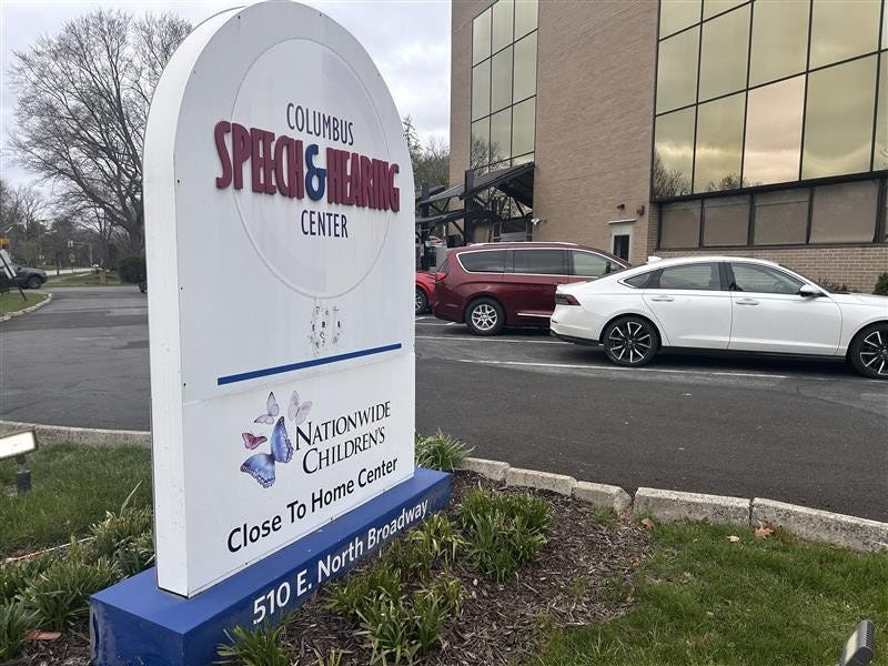 Columbus Speech and Hearing's signage still stands on March 23, 2026 at its Clintonville location, despite the nonprofit's closure on Feb. 13 and its landlord filing an eviction complaint. The Ohio Attorney General's office has intervened in the suit.