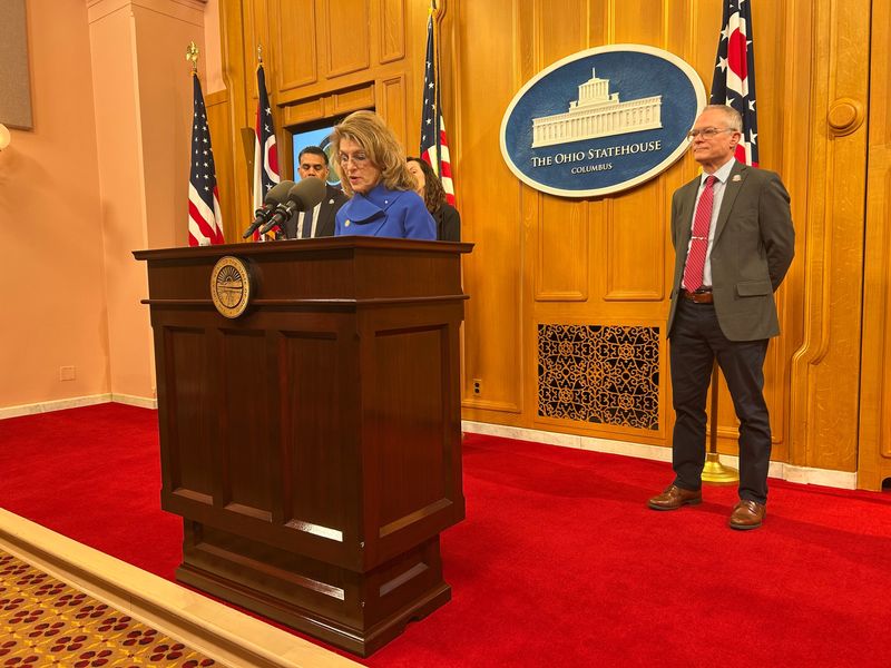 Rep. Jennifer Gross, R-West Chester, talks about her bill to require that pregnant patients be informed about abortion reversal, an unproven protocol. Rep. Johnathan Newman, right, is also sponsoring the bill.