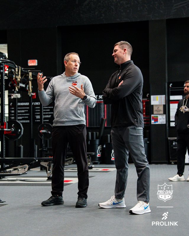 Cincinnati Bearcats head coach Scott Satterfield and Cincinnati Bengals head coach Zac Taylor talk shop at UC's Pro Day March 24.