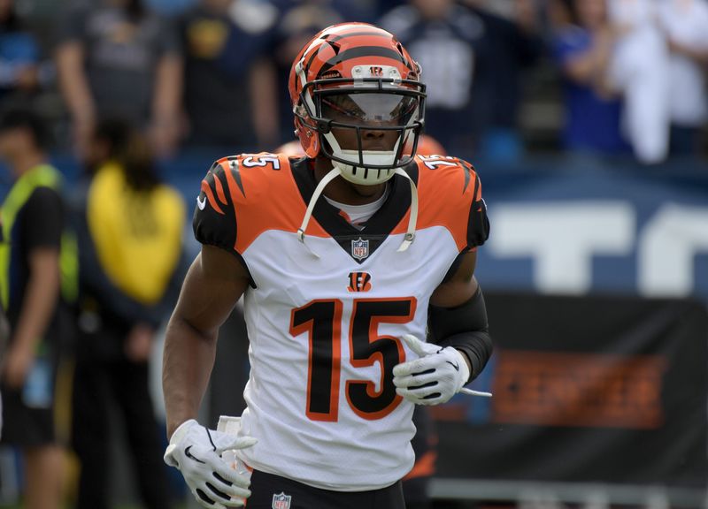 Dec 9, 2018; Carson, CA, USA; Cincinnati Bengals wide receiver John Ross (15) during the game against the Los Angeles Chargers at StubHub Center. Mandatory Credit: Kirby Lee-USA TODAY Sports