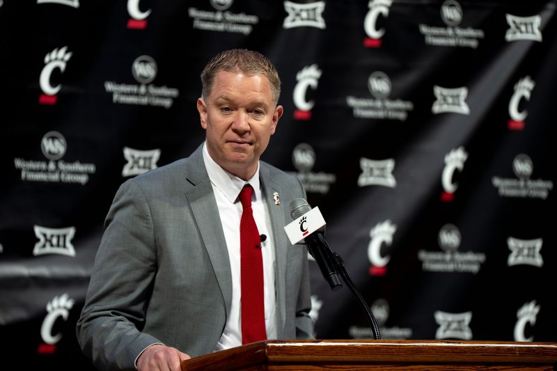 Cincinnati head coach Jerrod Calhoun speaks during a press conference announcing him as the head men's basketball coach at Fifth Third Arena on Wednesday, March 25.
