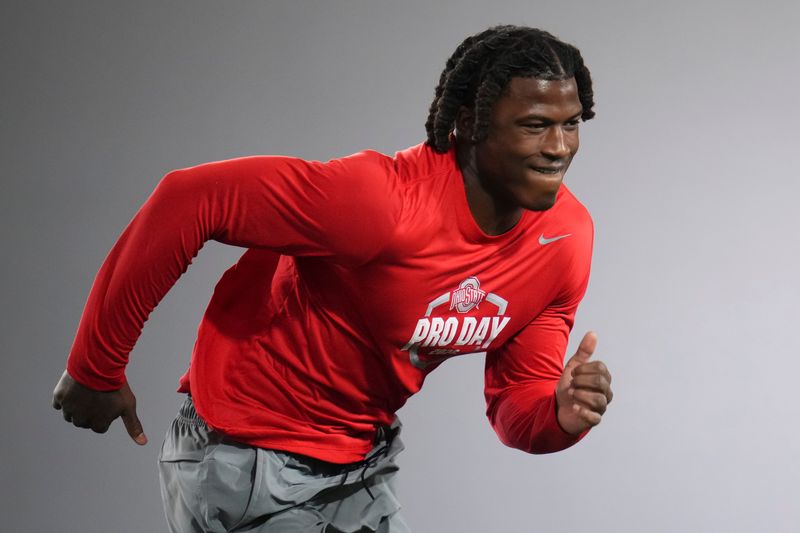 Ohio State linebacker Arvell Reese runs during pro day at the Woody Hayes Athletics Center on March 25.