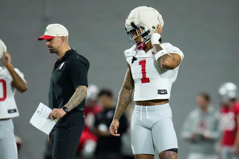 Ohio State Buckeyes cornerback Earl Little Jr. (1) lines up during the first day of spring workouts for the 2026 football season at Woody Hayes Athletic Complex in Columbus on March 10, 2026.