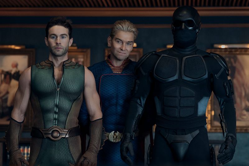 Chace Crawford as The Deep, Antony Starr as Homelander, and Nathan Mitchell as Black Noir in the Amazon Studios series "The Boys."