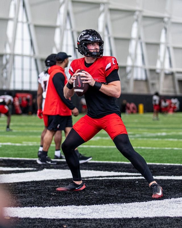 New Cincinnati Bearcats quarterback JC French IV prepares to fire the football in spring practice.