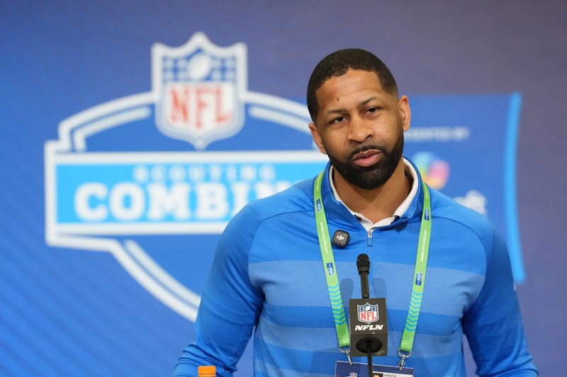 Feb 24, 2026; Indianapolis, IN, USA; Cleveland Browns general manager Andrew Berry speaks at the NFL Scouting Combine at the Indiana Convention Center. Mandatory Credit: Kirby Lee-Imagn Images