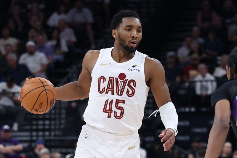 Mar 30, 2026; Salt Lake City, Utah, USA; Cleveland Cavaliers guard Donovan Mitchell (45) brings the ball up the court against the Utah Jazz during the second half at Delta Center. Mandatory Credit: Rob Gray-Imagn Images