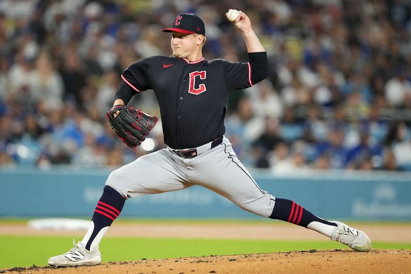 Cleveland Guardians left-hander Parker Messick (77) throws pitch against the Los Angeles Dodgers on March 30, 2026, in Los Angeles, California.