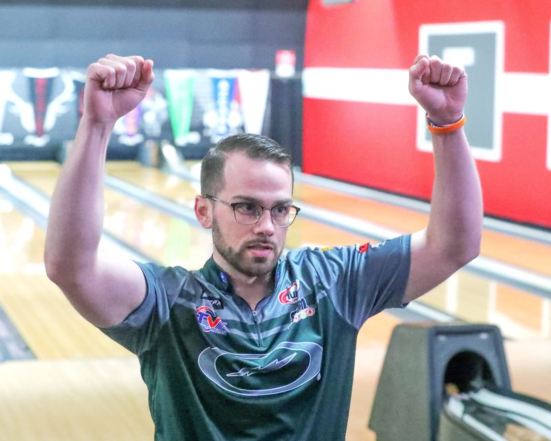 Chris Via of Springfield celebrates rolling a strike during a qualifying session of the PBA Tournament of Champions on April 16, 2025, in Fairlawn, Ohio.