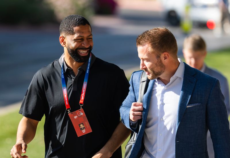 Cleveland Browns general manager Andrew Berry (left) with Los Angeles Rams head coach Sean McVay during the annual NFL league meetings, March 30, 2026, at the Arizona Biltmore in Phoenix.