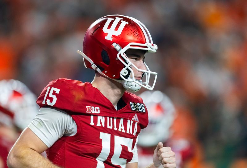 Indiana Hoosiers quarterback Fernando Mendoza (15) against the Miami Hurricanes in the College Football Playoff National Championship game at Hard Rock Stadium.