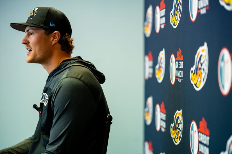 Akron RubberDucks pitcher Khal Stephen answers questions from reporters during media day April 1, 2026, at 7 17 Credit Union Park in Akron.