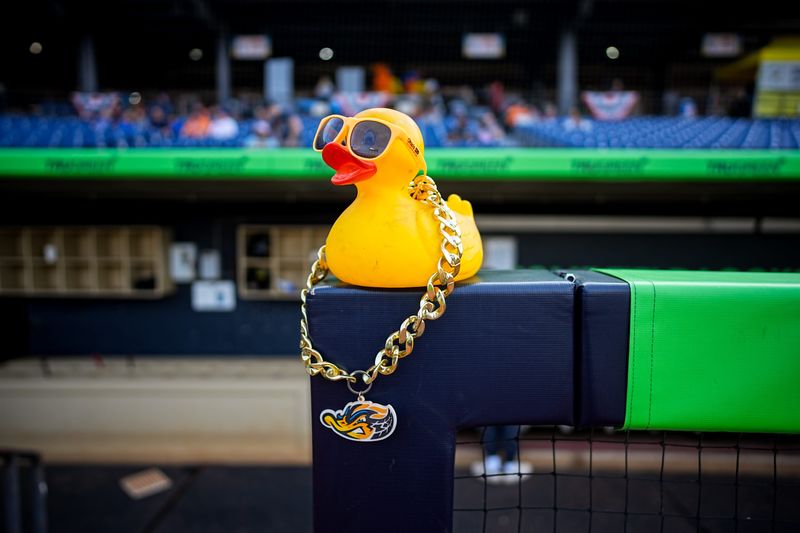 The Akron RubberDuck is seen before the home opening-day game between the Akron RubberDucks and the Reading Fightin Phils, April 2, 2026, in Akron, Ohio.