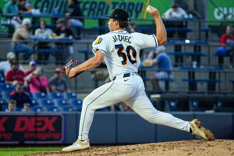 Akron pitcher Matt Jachec (30) delivers a pitch during the home opening day game against Reading, April 2, 2026, in Akron, Ohio.