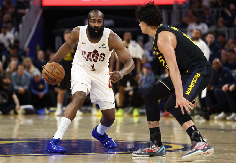 Cleveland Cavaliers guard James Harden (1) sizes up Golden State Warriors forward Gui Santos on April 2, 2026, in San Francisco, California.