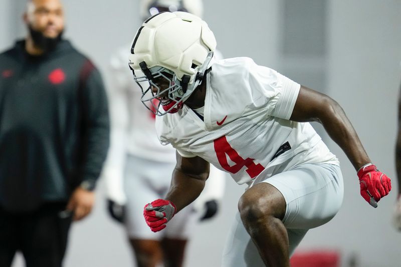 Ohio State Buckeyes defensive end Qua Russaw (4) runs a drill during the first day of spring workouts for the 2026 football season at Woody Hayes Athletic Complex in Columbus on March 10, 2026.