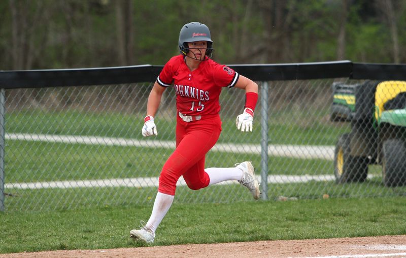 Johnstown's Reese Lyons heads home to score during the Johnnies' 23-2 victory against visiting Lynchburg-Clay on April 3, 2026.