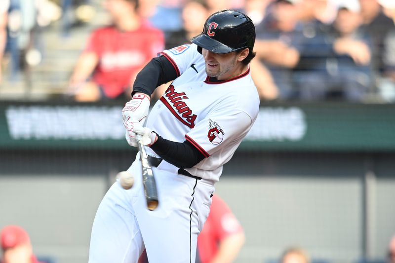 Apr 3, 2026; Cleveland, Ohio, USA; Cleveland Guardians designated hitter Chase DeLauter (24) hits a single during the fourth inning against the Chicago Cubs at Progressive Field. Mandatory Credit: Ken Blaze-Imagn Images