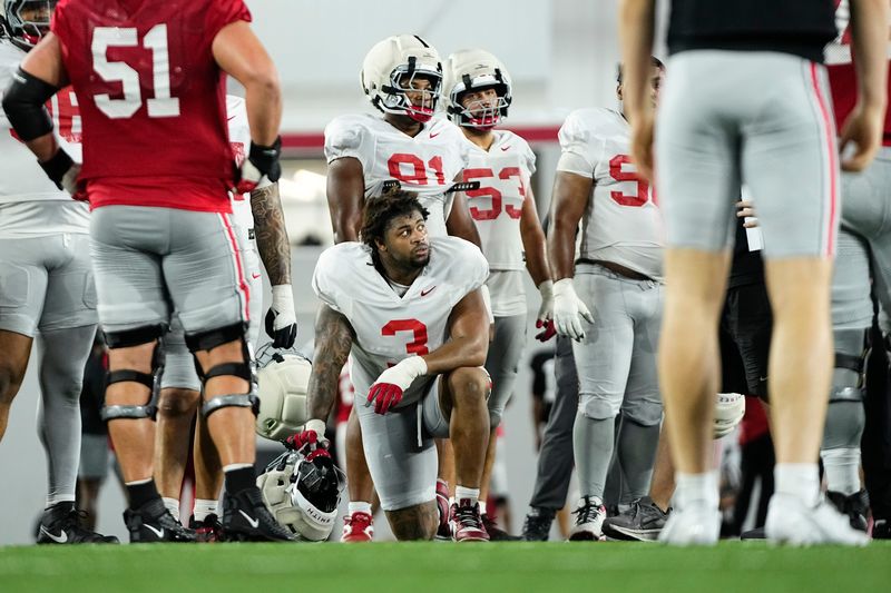 Ohio State Buckeyes defensive tackle James Smith (3) listens during Student Appreciation Day spring practice at the Woody Hayes Athletic Center on April 4, 2026.