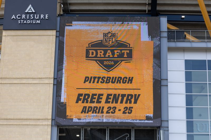 An advertisment for the 2026 NFL Draft is displayed on a video board outside Acrisure Stadium, Wednesday, March 25, 2026 in Pittsburgh, Pa.