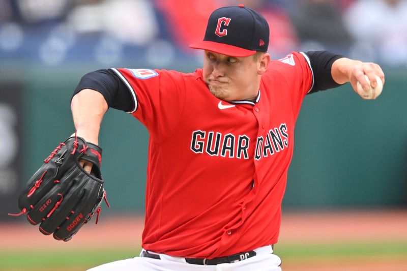 Apr 5, 2026; Cleveland, Ohio, USA; Cleveland Guardians starting pitcher Parker Messick (77) delivers a pitch in the second inning against the Chicago Cubs at Progressive Field. Mandatory Credit: David Richard-Imagn Images