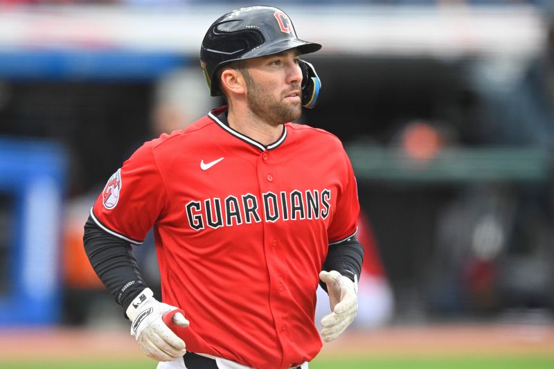 Apr 5, 2026; Cleveland, Ohio, USA; Cleveland Guardians right fielder David Fry (6) walks to first base in the fourth inning against the Chicago Cubs at Progressive Field. Mandatory Credit: David Richard-Imagn Images