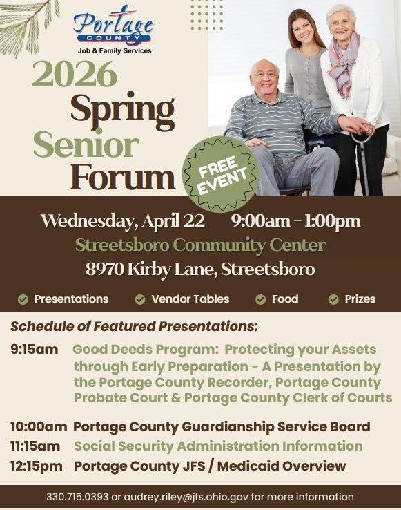 A Senior Forum will take place April 22 at the Streetsboro Community Center.