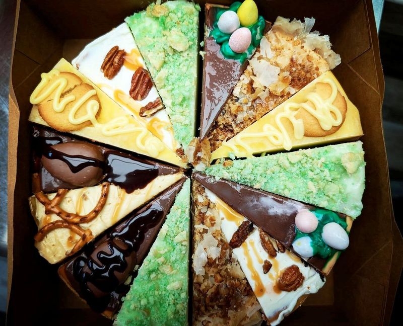 Cheesecakes by Battle offers a variety of cheesecakes at their walk-up window. April 2026.