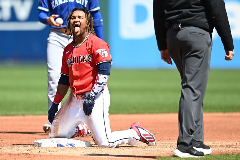 Apr 8, 2026; Cleveland, Ohio, USA; Cleveland Guardians third baseman Jose Ramirez (11) celebrates after hitting an RBI double during the second inning against the Kansas City Royals at Progressive Field. Mandatory Credit: Ken Blaze-Imagn Images