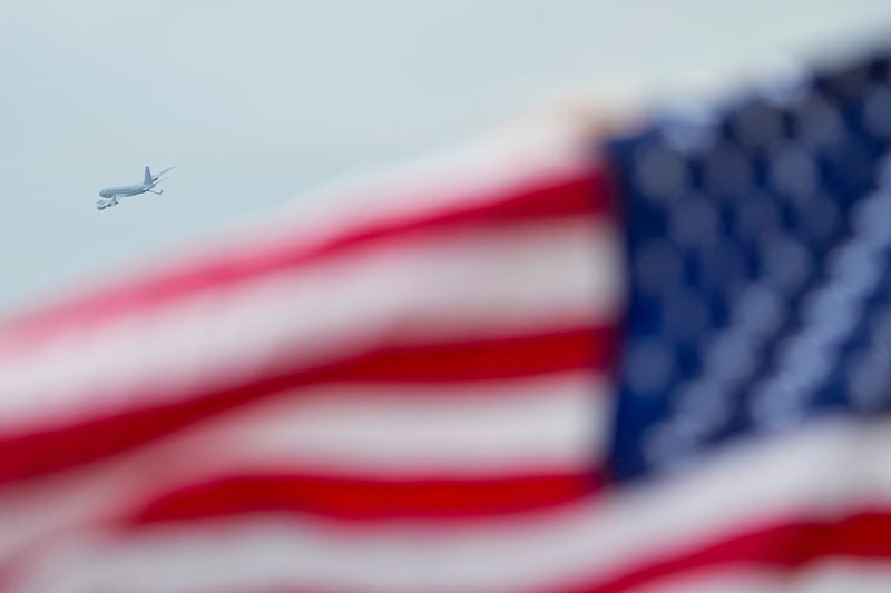 A KC-135 and F-16s flyover the funeral for Master Sgt. Tyler Simmons, a boom operator with the Ohio Air National Guard's 121st Air Refueling Wing who was among six service members killed in Iraq serving in Operation Epic Fury, at the First Church of God in Columbus on April 10, 2026.