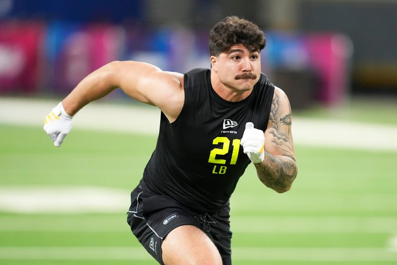 Feb 26, 2026; Indianapolis, IN, USA; Texas Tech linebacker Jacob Rodriguez (LB21) during the NFL Scouting Combine at Lucas Oil Stadium. Mandatory Credit: Kirby Lee-Imagn Images
