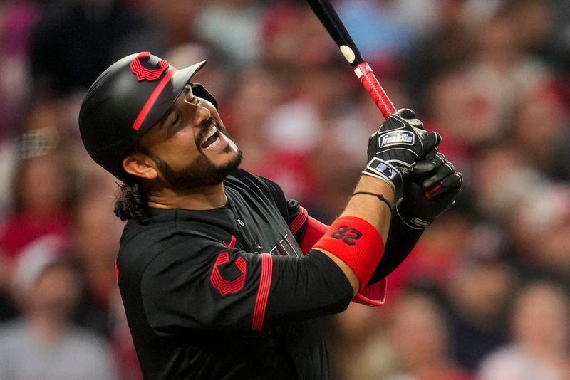 Eugenio Suarez, here grimacing after striking out, had two of the Reds four hits, both singles in the 10-2 loss to the Angels April 10.