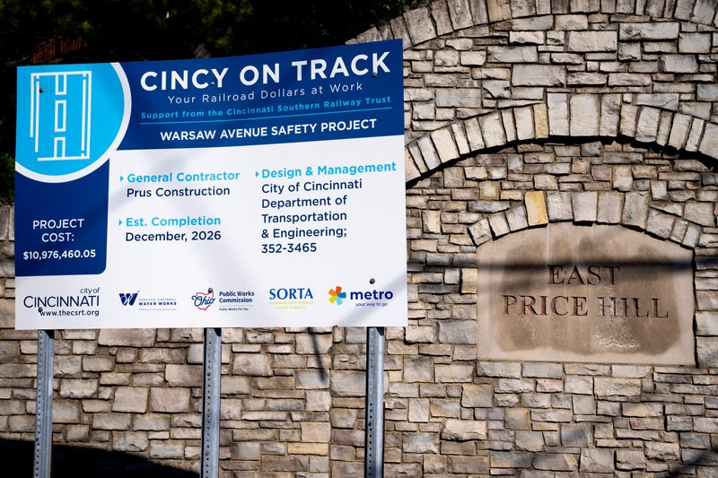 A sign sits in front of the East Price Hill sign on Saturday, April 11, 2026. The sign describes Cincinnati’s plan for spending of the money received from the sale of the rail yard.