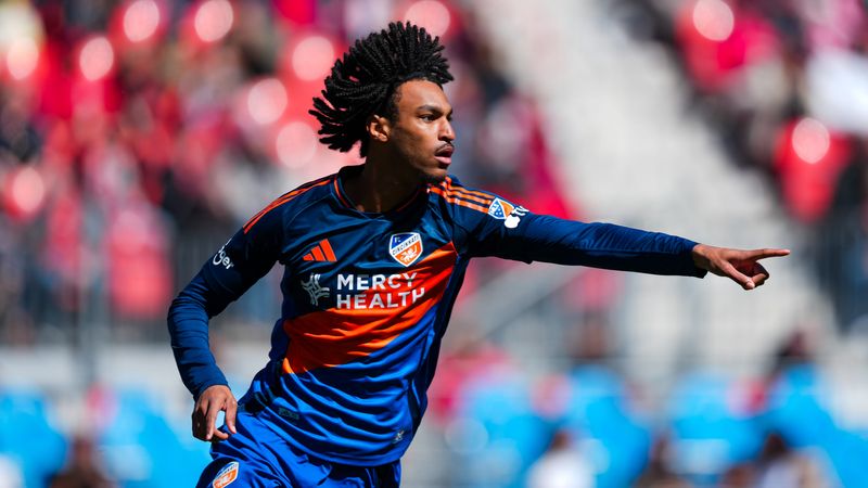 Kenji Mboma Dem reacts after his game-tying goal during FC Cincinnati's 1-1 draw at Toronto FC April 11, 2026, at BMO Field.