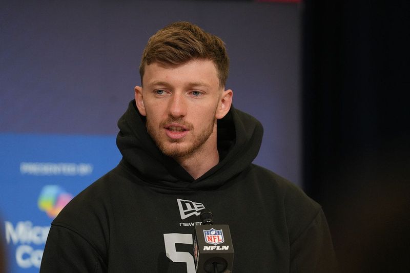 Dillon Thieneman meets with the media at the 2026 NFL Combine.