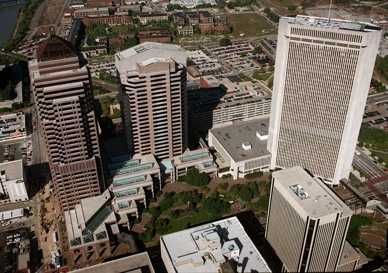 Ohio Bureau of Workers' Compensation building, left, with Nationwide Insurance building, right, on Sept 21,1996. aerial. Columbus skyline.