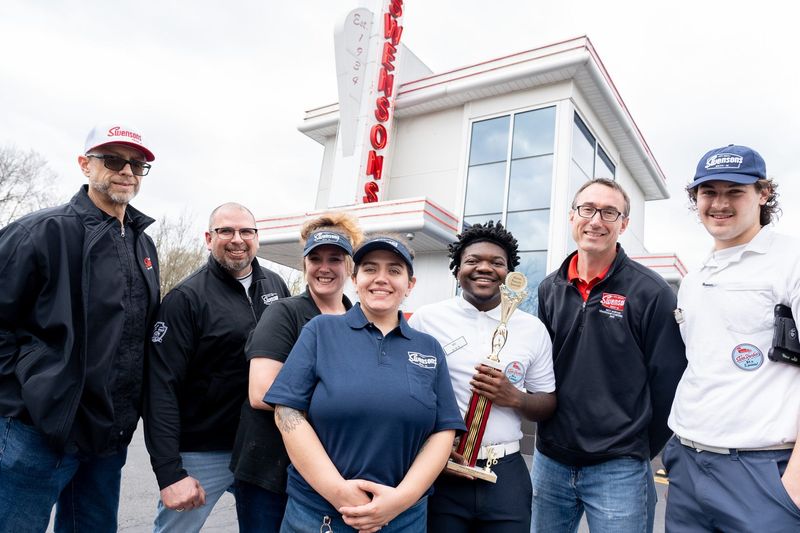 Beacon Journal readers voted Swensons the best place in Akron to get a burger. Swensons representatives and employees accepted a trophy for placing first in the competition April 13. From left: Charles Craig, senior vice president of culinary; Jamie Jackson, area director; Jackie Shane, general manager; Santanna Masters, manager; Vic Singfield, server; Jeffrey Flowers, president; and Louis Supan, server.