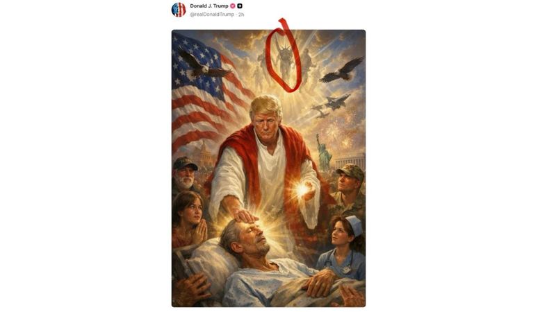 Screen grab of Donald Trump's Truth Social post in which he is seemingly depicted as Jesus in an apparent AI generated image. Strange image above the president's head is circled.