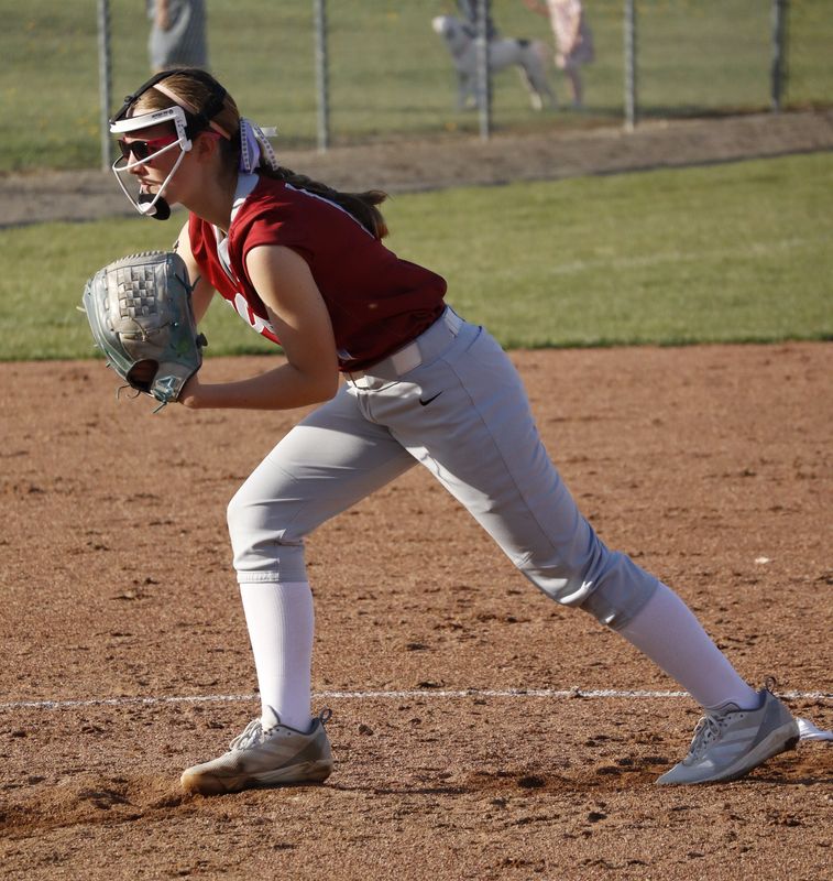 Kara Lint stares down a Malvern batter on April 13, 2026.