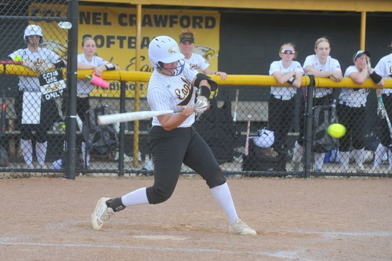 Colonel Crawford's Rylie Hoepf puts a ball in play against Mohawk. The Eagles beat the Warriors 5-4 in a nine-inning Northern 10 thriller at Chuck Huggins Field on April 13, 2026.