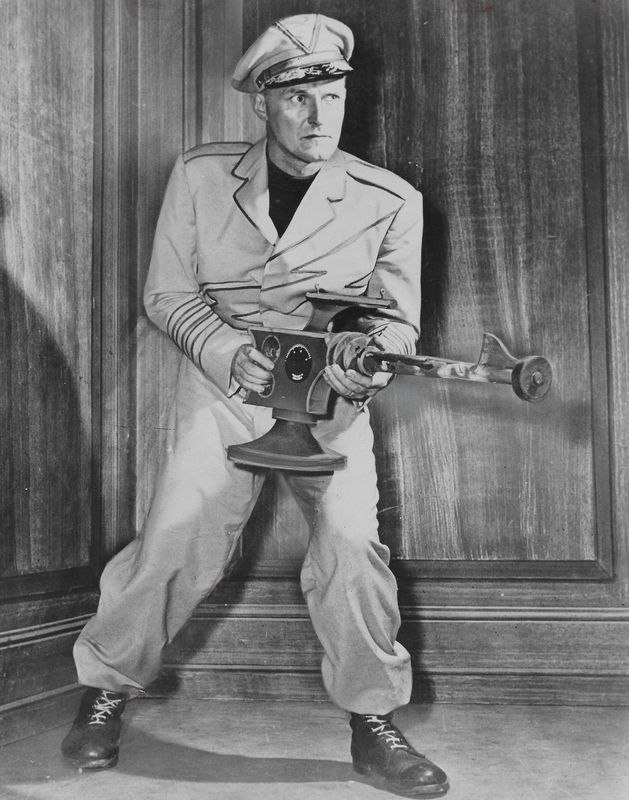 Ravenna native Al Hodge wields sophisticated weaponry in “Captain Video and His Video Rangers” on the DuMont Television Network in 1953.