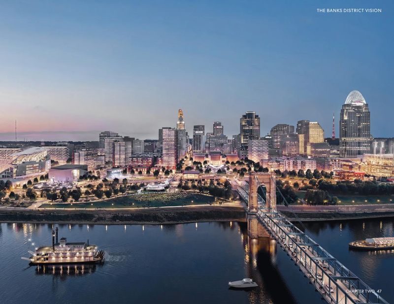 A team of urban design consultants re-envision The Banks on Cincinnati's riverfront with hotels, housing, office buildings, pedestrian walkways, sculpture art and more.