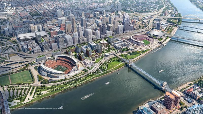 A new plan for The Banks recommends replacing Heritage Bank Center with a modern arena, shown far right.