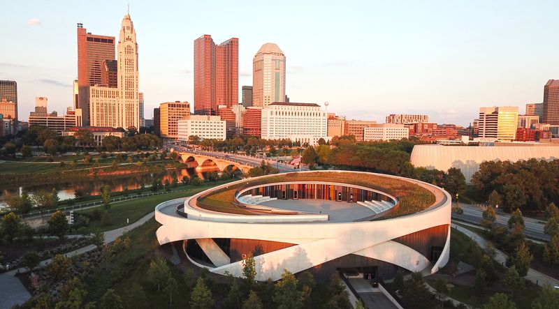 The downtown Columbus skyline features include (from left) The Rhodes Tower, LeVeque Tower, the Huntington building, the Riffe Center, and The National Veterans Memorial and Museum (front).